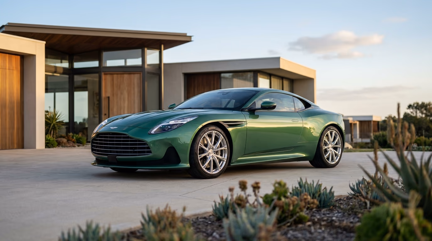 Aston Martin DB12 outside a modern home