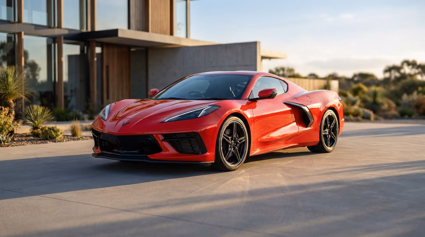 Chevrolet Corvette outside a modern home