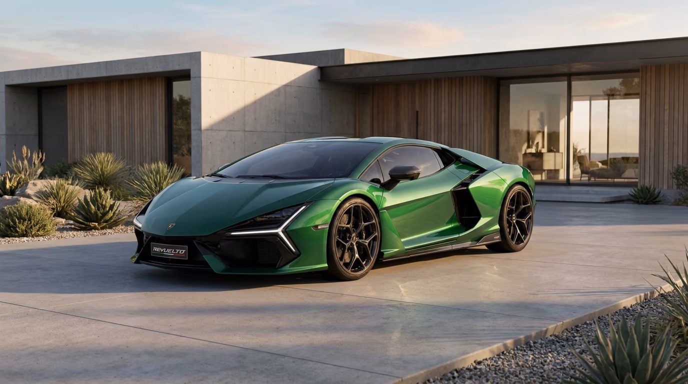 Lamborghini Revuelto outside a modern home