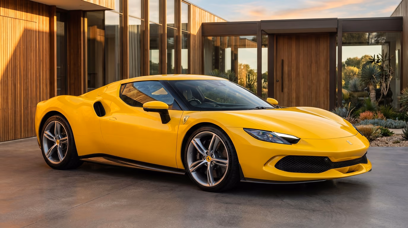 Ferrari 296 GTB parked outside a modern home — the model insured on this page