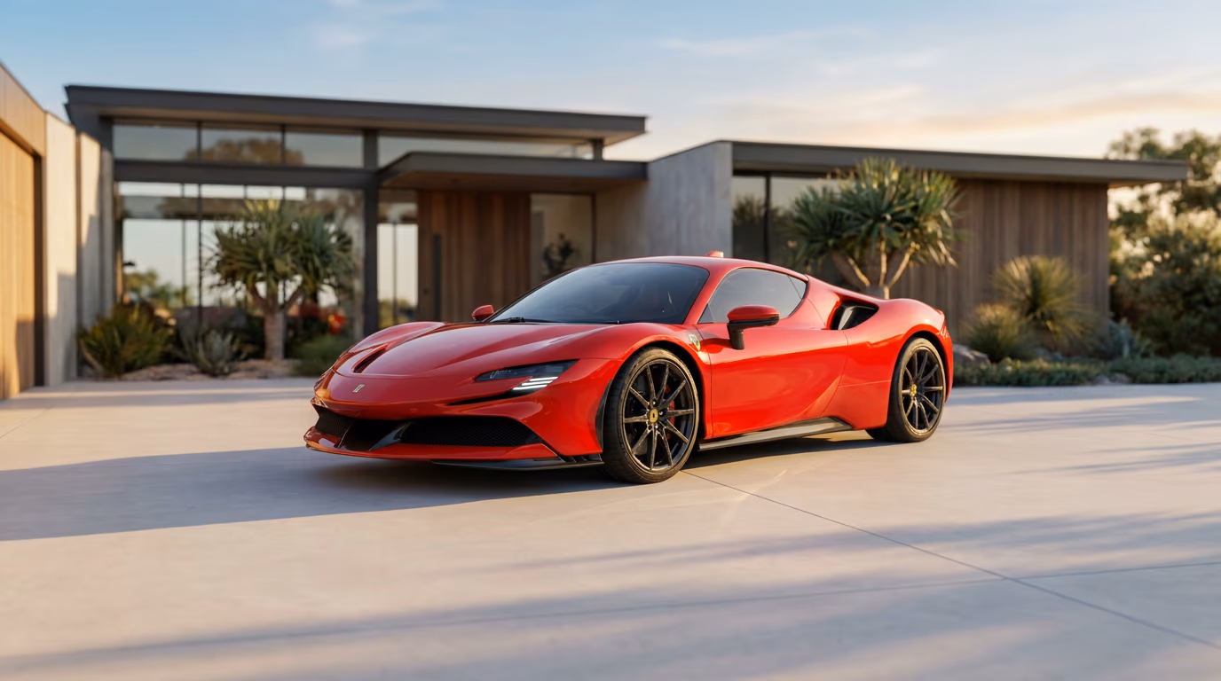 Ferrari SF90 Stradale parked outside a modern home — the model insured on this page