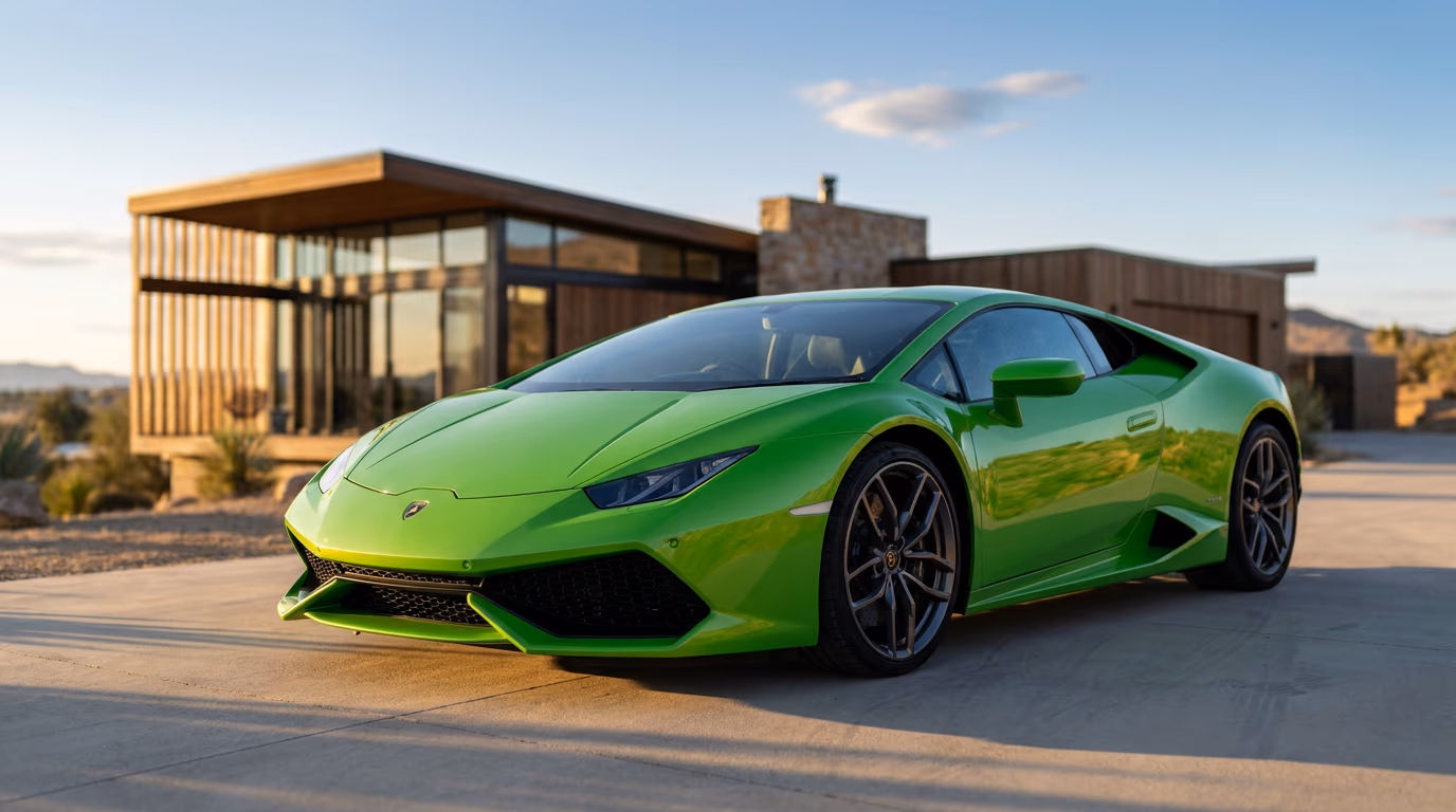 Lamborghini Huracán parked outside a modern home — the model insured on this page